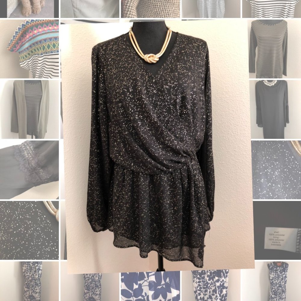 Black dressy blouse with gold specs.  *Only*